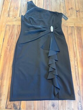 Jessica Howard Black One-Shoulder Cocktail Dress with Cascade Ruffle NWT